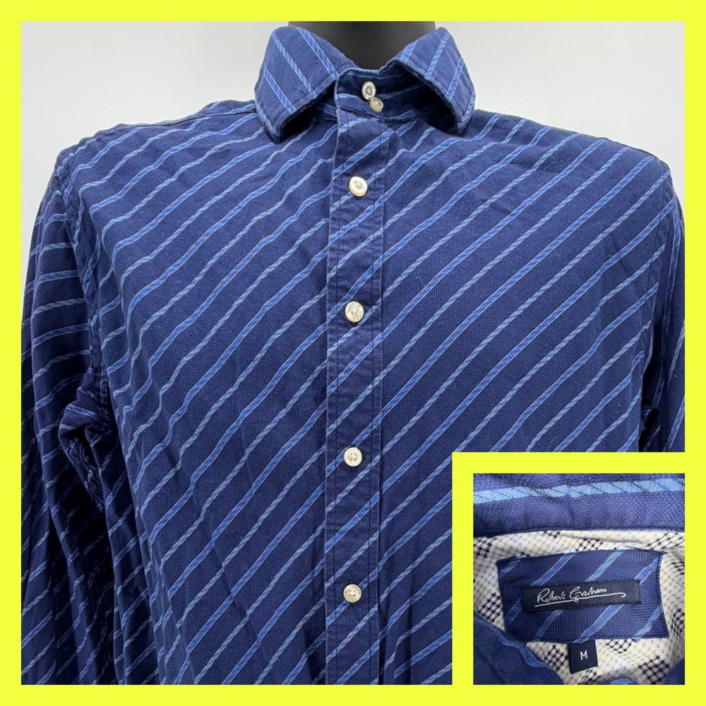 Robert Graham Button Down Shirt Mens Medium Blue Diagonal Stripe Long Sleeve